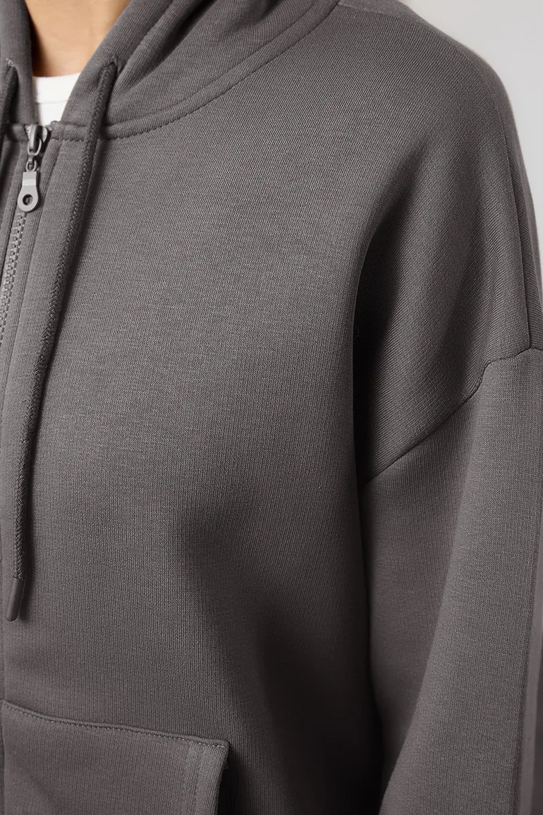 Anthracite Oversize/Relaxed Fit Basic Hooded Zippered Thick Inside Fleece - 6