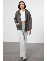 Anthracite Oversize/Relaxed Fit Basic Hooded Zippered Thick Inside Fleece - 3