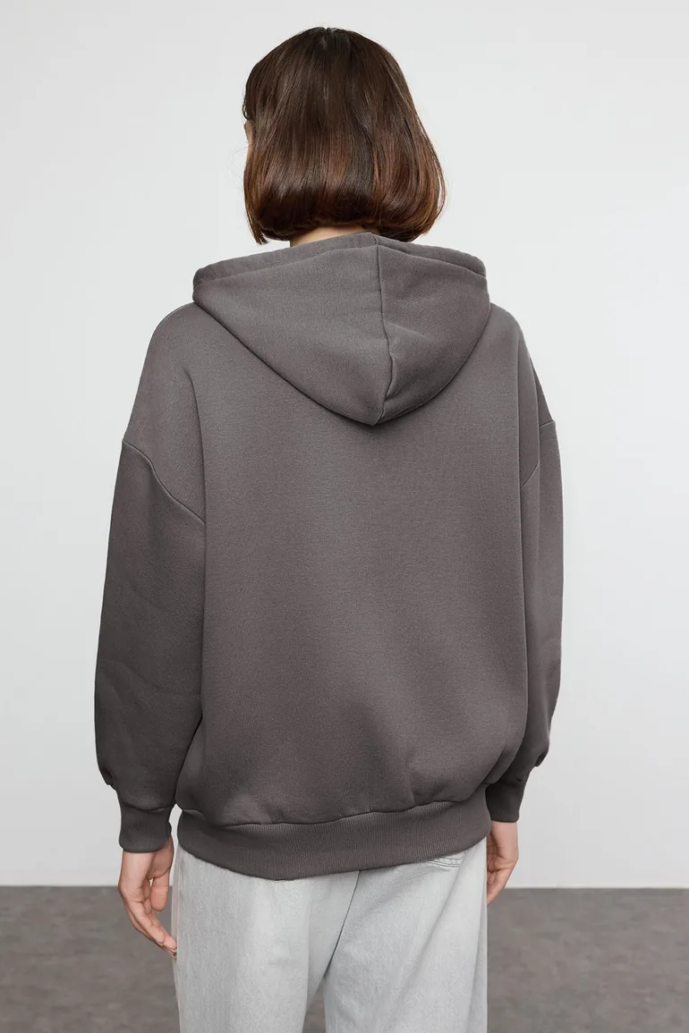 Anthracite Oversize/Relaxed Fit Basic Hooded Zippered Thick Inside Fleece - 7