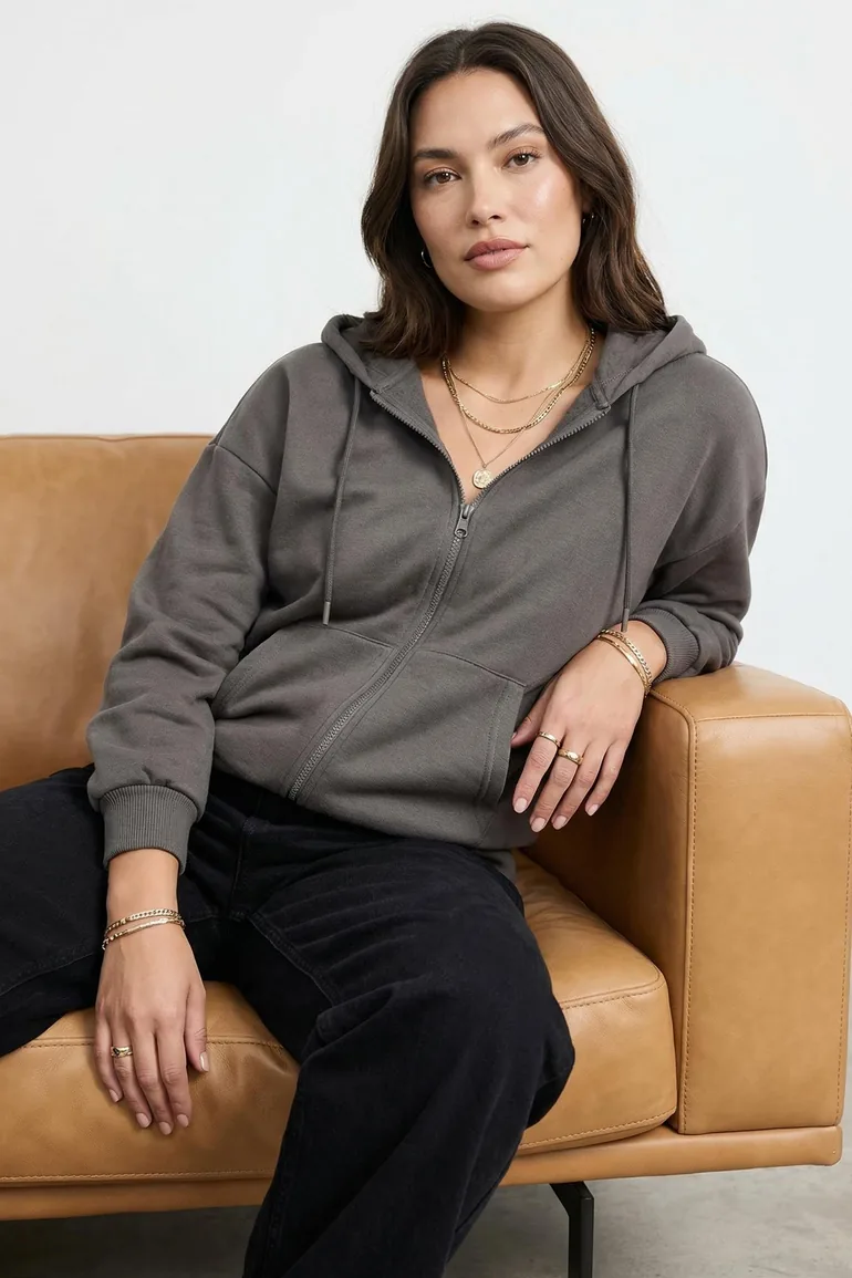 Anthracite Oversize/Relaxed Fit Basic Hooded Zippered Thick Inside Fleece - 2