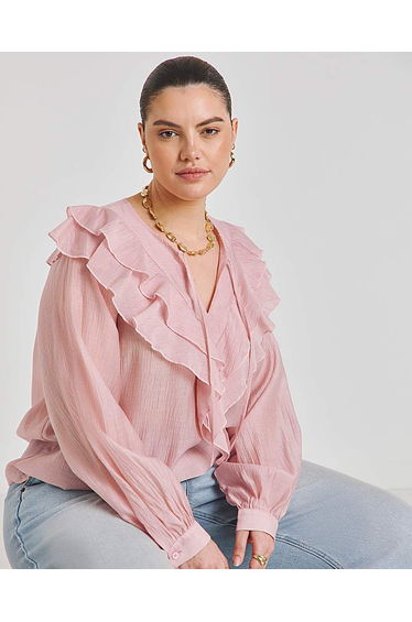 Blush Ruffle Sheer V Neck Blouse