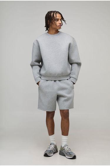 Oversized Boxy Bonded Scuba Short Sweatshirt Tracksuit - grey marl