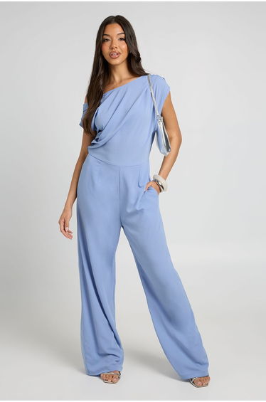Aysmmetric Woven Wide Leg Jumpsuit - powder blue