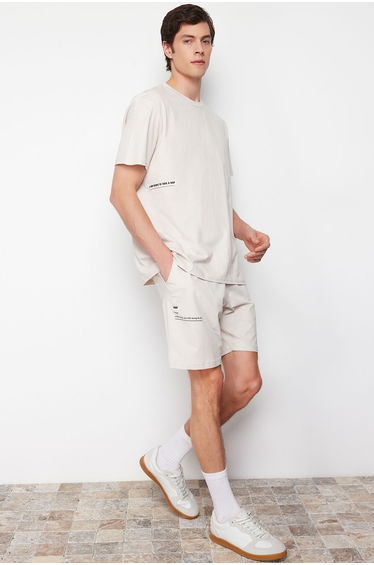 Men's Beige Motto Printed Knitted Pajamas Set