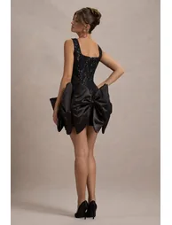 Aveline | Black Lace Square-Neck Mini Dress With Bows - 1
