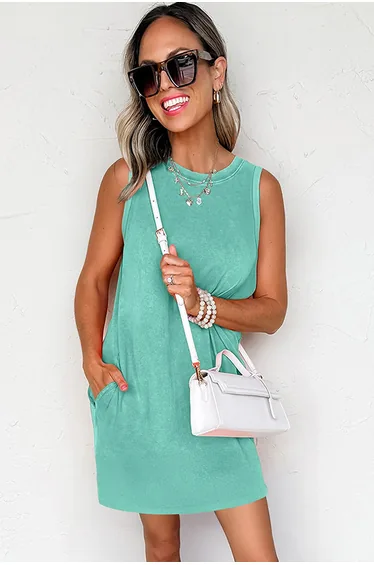 Lvness Sea Green Mineral Wash Tank Mini Dress with Pockets