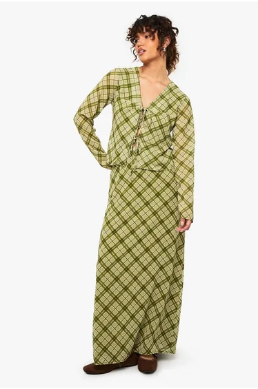 Check Print Tie Front Top & Maxi Skirt Co-ord - green
