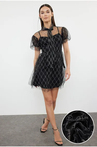 Black A-Line Woven Tulle Dress