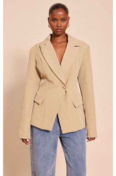 Sage Cinch Waist Lapel Point Detail Blazer