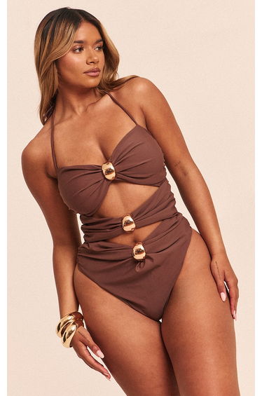 Shape Chocolate Strappy Gold Trim Twist Front Swimsuit