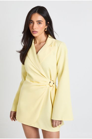 Buckle Detail Tie Waist Tailored Blazer Dress - lemon