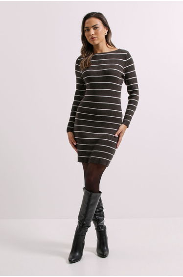 Grey Slim Slash Neck Knitted Mini Dress