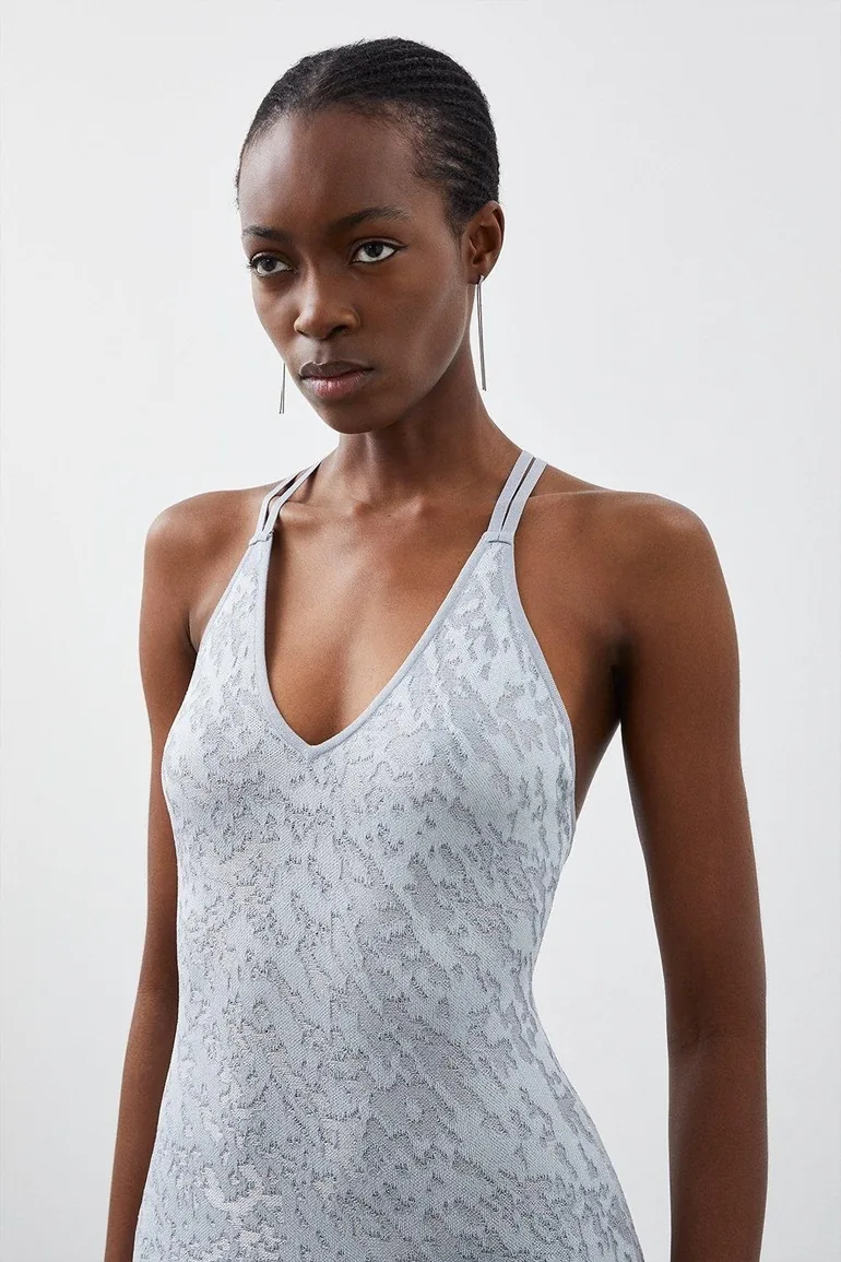 Slinky Viscose Jacquard Knit Strappy Maxi Dress - 1
