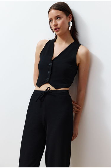 Black Buttoned V Neck Wide Leg Knitted Two Piece Set