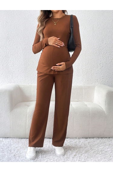 Women Round Neck Top and Adjustable Elastic Pants Maternity Set