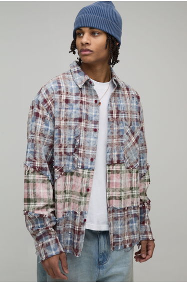Oversized Boxy Distressed Spliced Check Shirt - blue