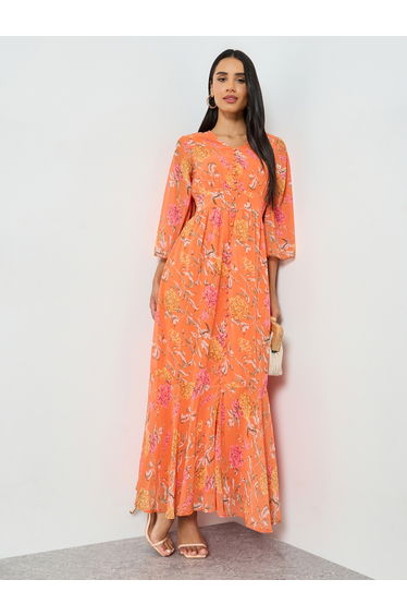 Orange Floral Print Mermaid Maxi Dress with 3/4th Sleeves