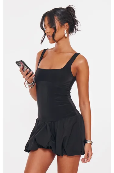 Tall Black Slinky Puff Hem Mini Dress