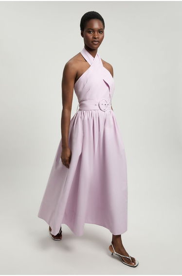 Cotton Poplin Cross Over Halter Neck Woven Midi Dress
