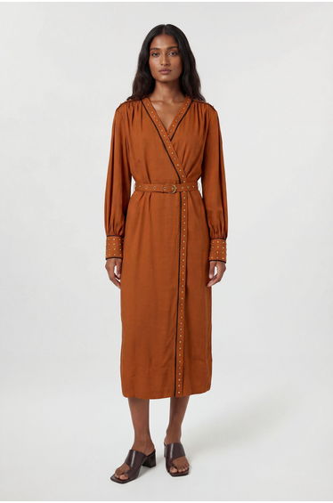 Premium Viscose Linen Woven Wrap Dress With Stud Detail