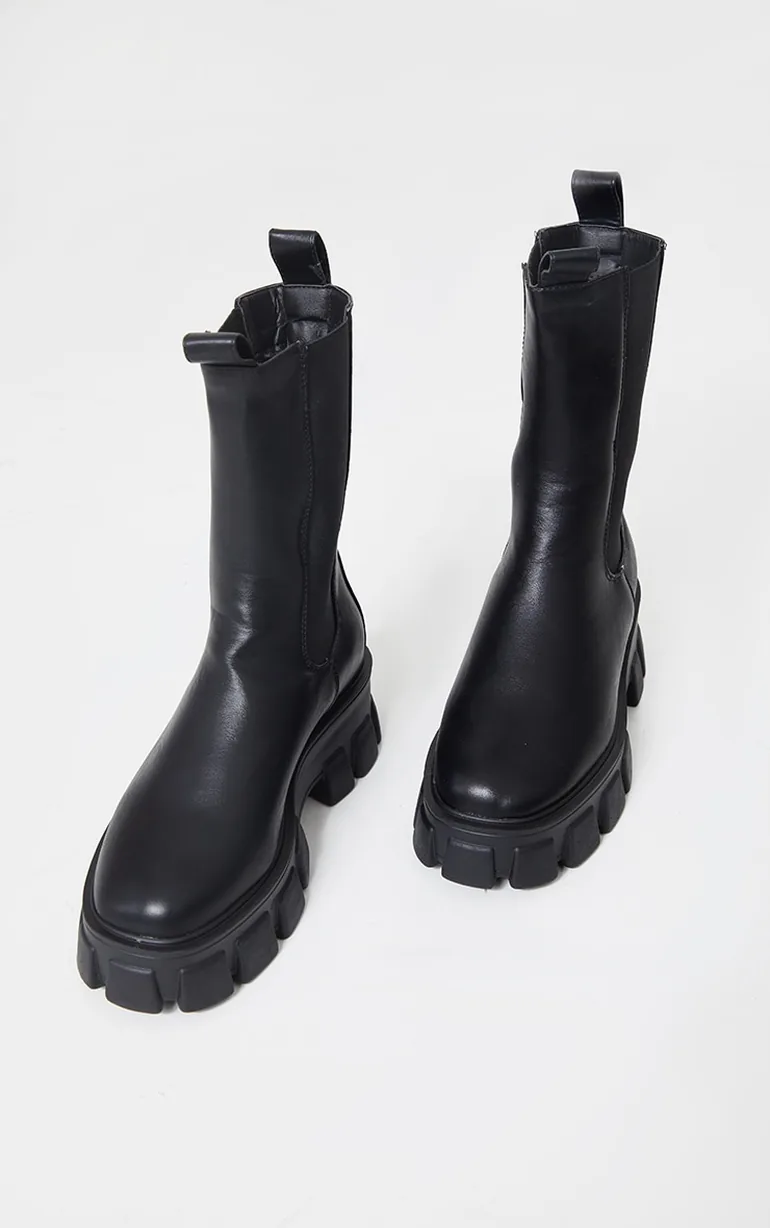 Black Extreme Chunky Sole Calf High Chelsea Boots - 2