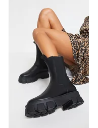 Black Extreme Chunky Sole Calf High Chelsea Boots