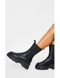 Black Extreme Chunky Sole Calf High Chelsea Boots - 1
