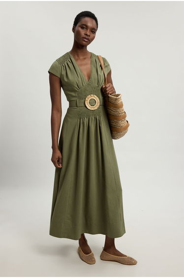 Shirred V Neck Belt Detail Woven Maxi Dress