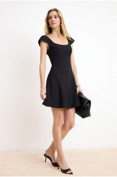 Black Mini Back Tie Detail Woven Dress