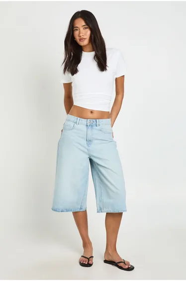 Mid Rise Longline Denim Jorts - bleach wash