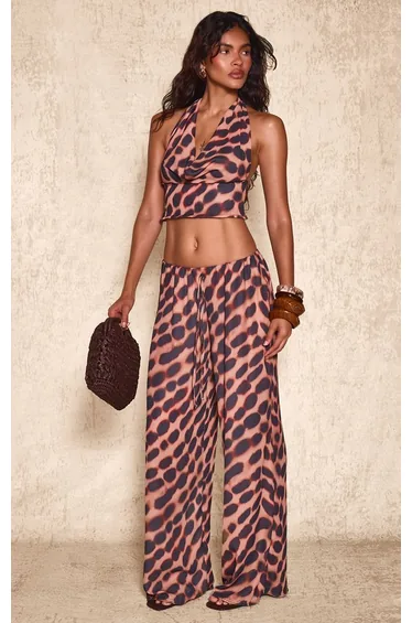Brown Abstract Print Chiffon Wide Leg Trousers Co-ord