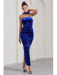 Cayenne | Cobalt Blue Velvet Bandeau Maxi Dress With Halter Collar - 2
