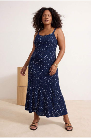 Navy Blue Patterned Strappy Bodycon Ribbed Stretchy Knitted Maxi Plus Size Dress