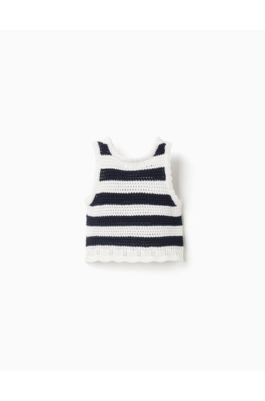 SleeveleCotton Knitted Top With Stripes For Girls White Dark Blue