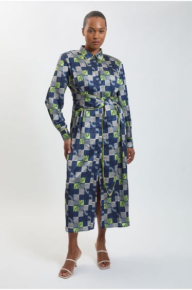 Plus Size Geo Print Hammered Satin Tie Waist Woven Midi Dress