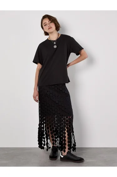 Guipure Circle Lace Fringe Maxi Skirt
