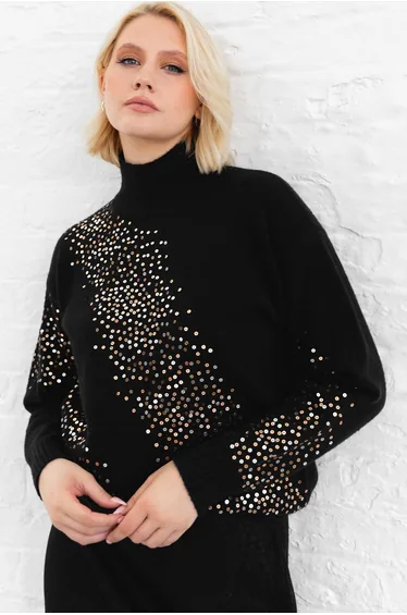 Lovedrobe Black Embellished High Neck Jumper