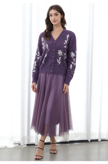 Resplendent Floral Sequin Button Knit Cardigan in Purple