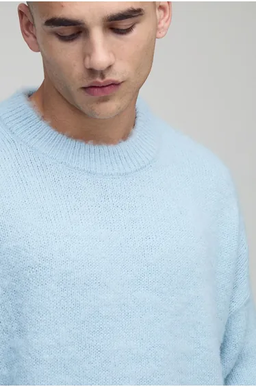 Boxy Fit Brushed Extended Neck Knitted Jumper - light blue