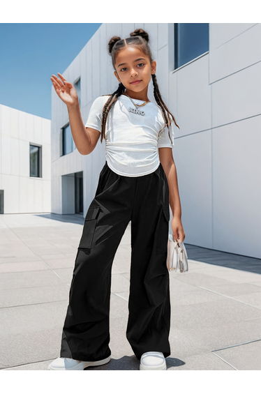 Girls Solid Ruching Detail T-Shirt and Cargo Pants Set