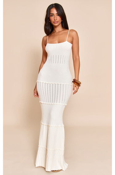 Petite Cream Scalloped Edging Knitted Maxi Dress