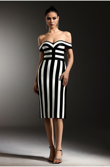 Perly Off The Shoulder Sleeveless Stripes Slit Bandage Maxi Dress