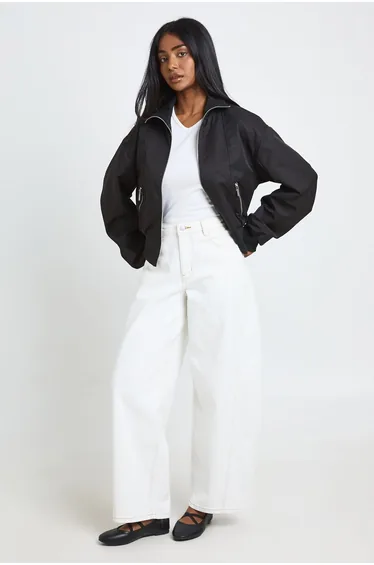Ribbed Funnel Neck Bomber Jacket - black