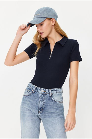 Navy Blue Zipper Detailed Fitted Polo Neck Ribbed Stretchy Knitted Blouse
