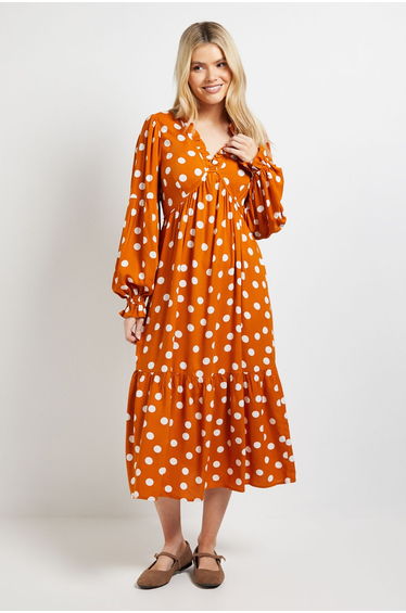 Orange Spot Empire Seam Frill Detail Midi Dress