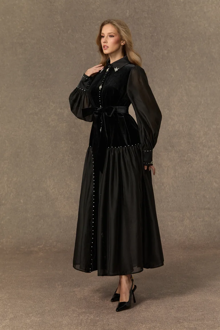 Irresistible Feelings Black Diamante Velvet Boice Maxi Dress - 4