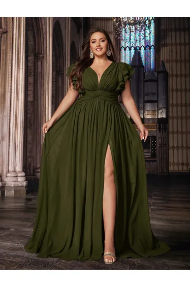 QOQ Plus Size Green Skater Dress with Ruffles