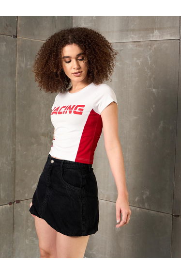 Racing Print Round Neck Fitted T-Shirt