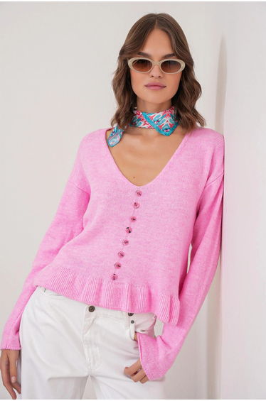 Mixray Lightweight V-Neck Knit Top with Button Detail
