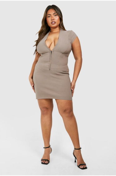Plus Corset Hook And Eye Bodycon Dress - taupe
